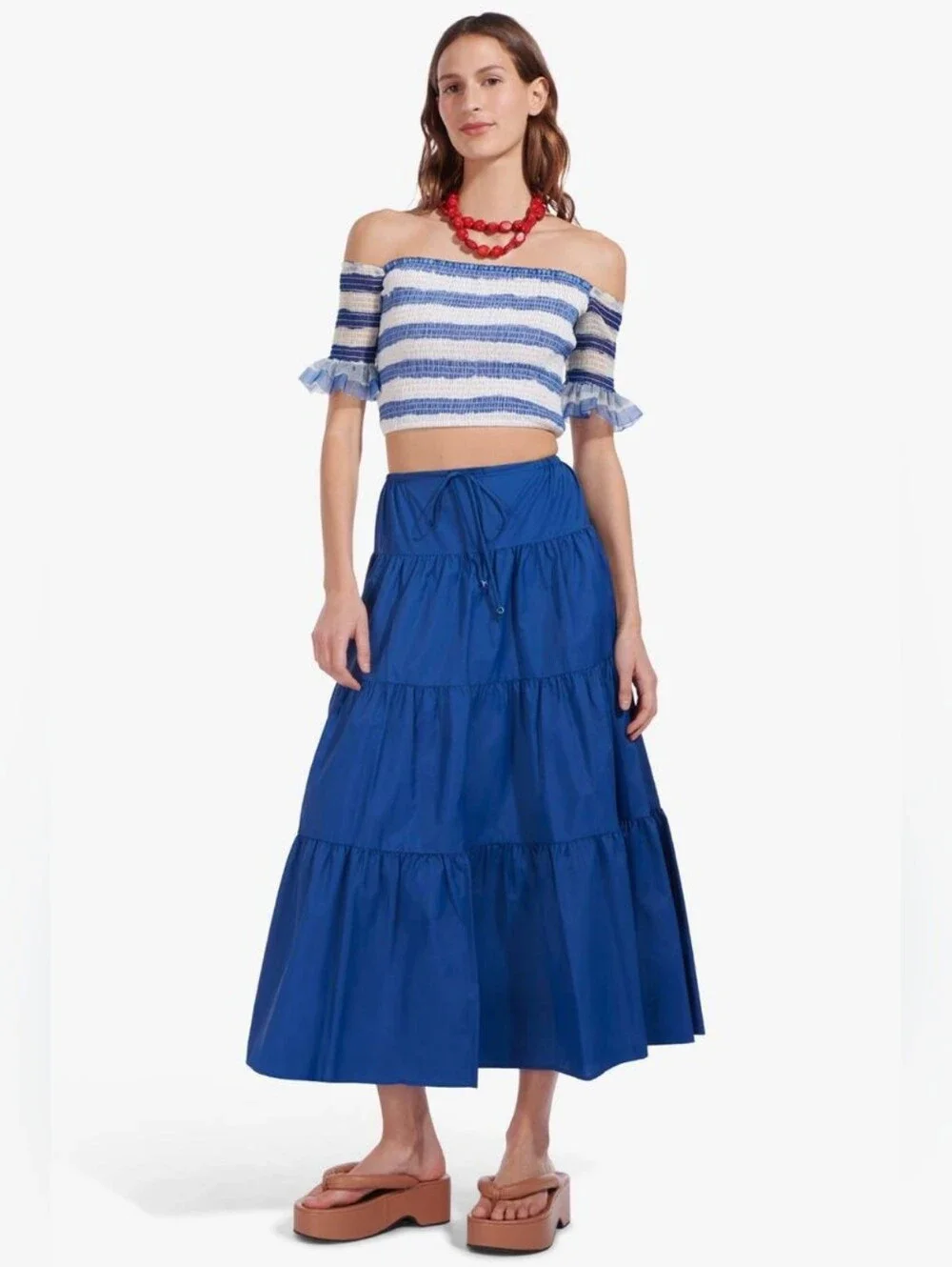 STAUD Lucca Tiered Maxi Skirt in Cobalt Blue M, Women's Casual Summer Size XS